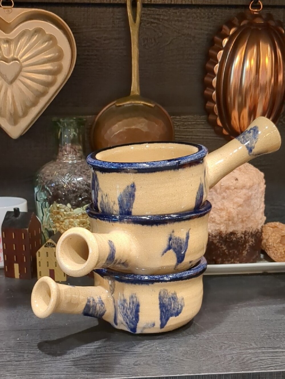 Vintage Handmade Ceramic Blue Floral Accent Soup Bowls With Handles Set Of 3